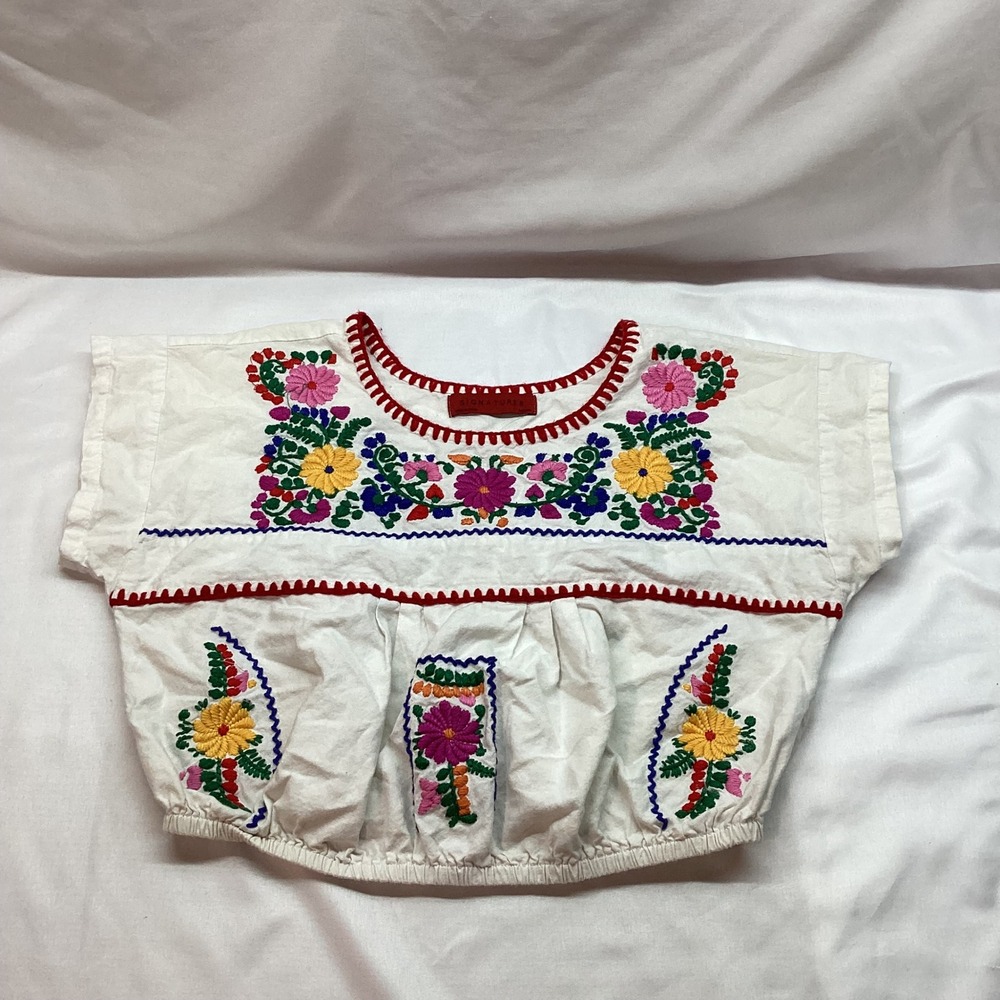 Signature8 Women White Floral Embroidered Cotton Crop Top Blouse M Boho Festival